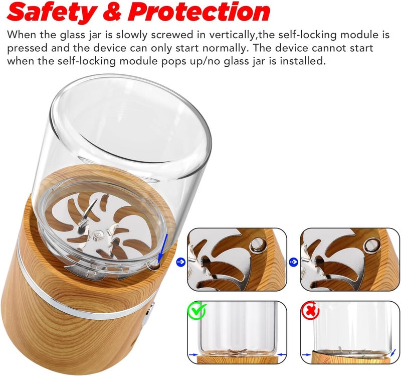BKLFLY Electric Grinder Spice Crusher Rechargeable Mini Size 2" x 3.5" with 2PCS 1.7oz/50ml Glass Jars (NOT for nuts or beans), Wood Grain Pattern - Image 3